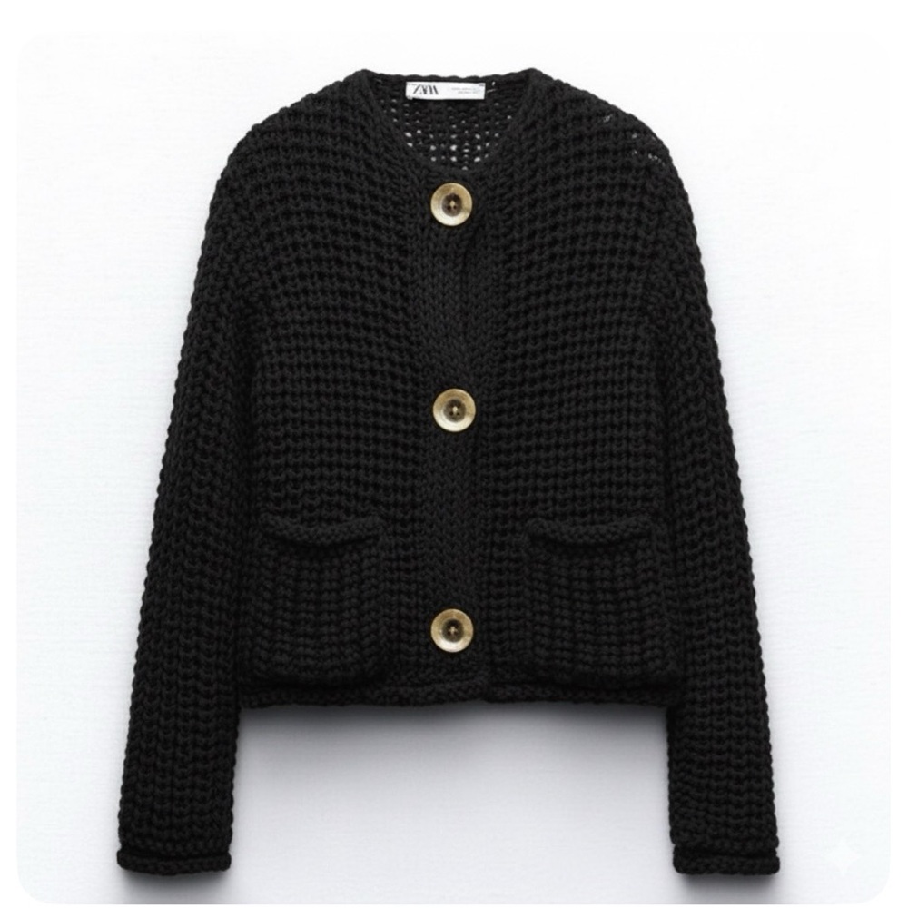 ZARA - women’s black Chunky knit Cardigan open stitch sweater top gold buttons M